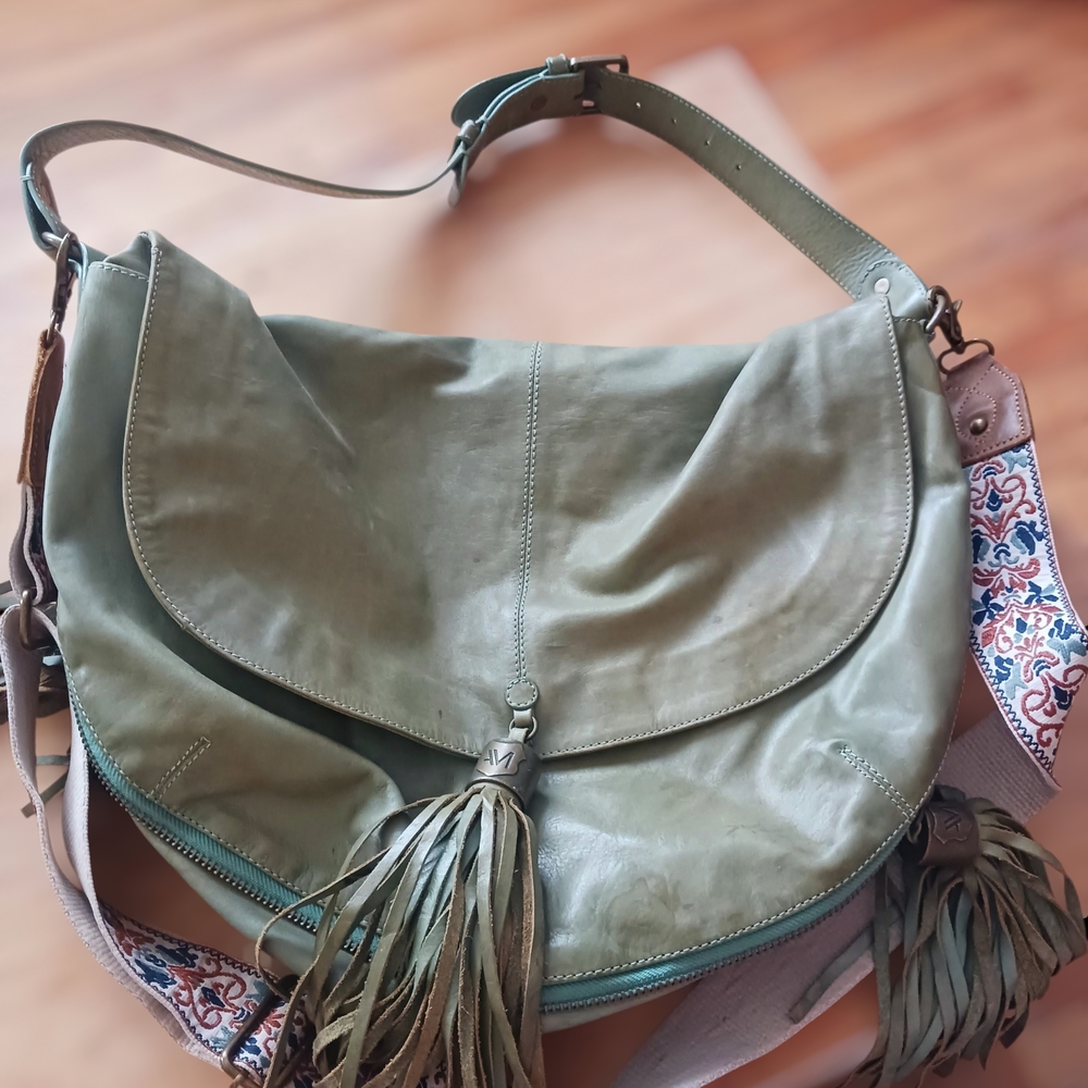 Andrew Marc Olive Leather Shoulder Bag with Tassel